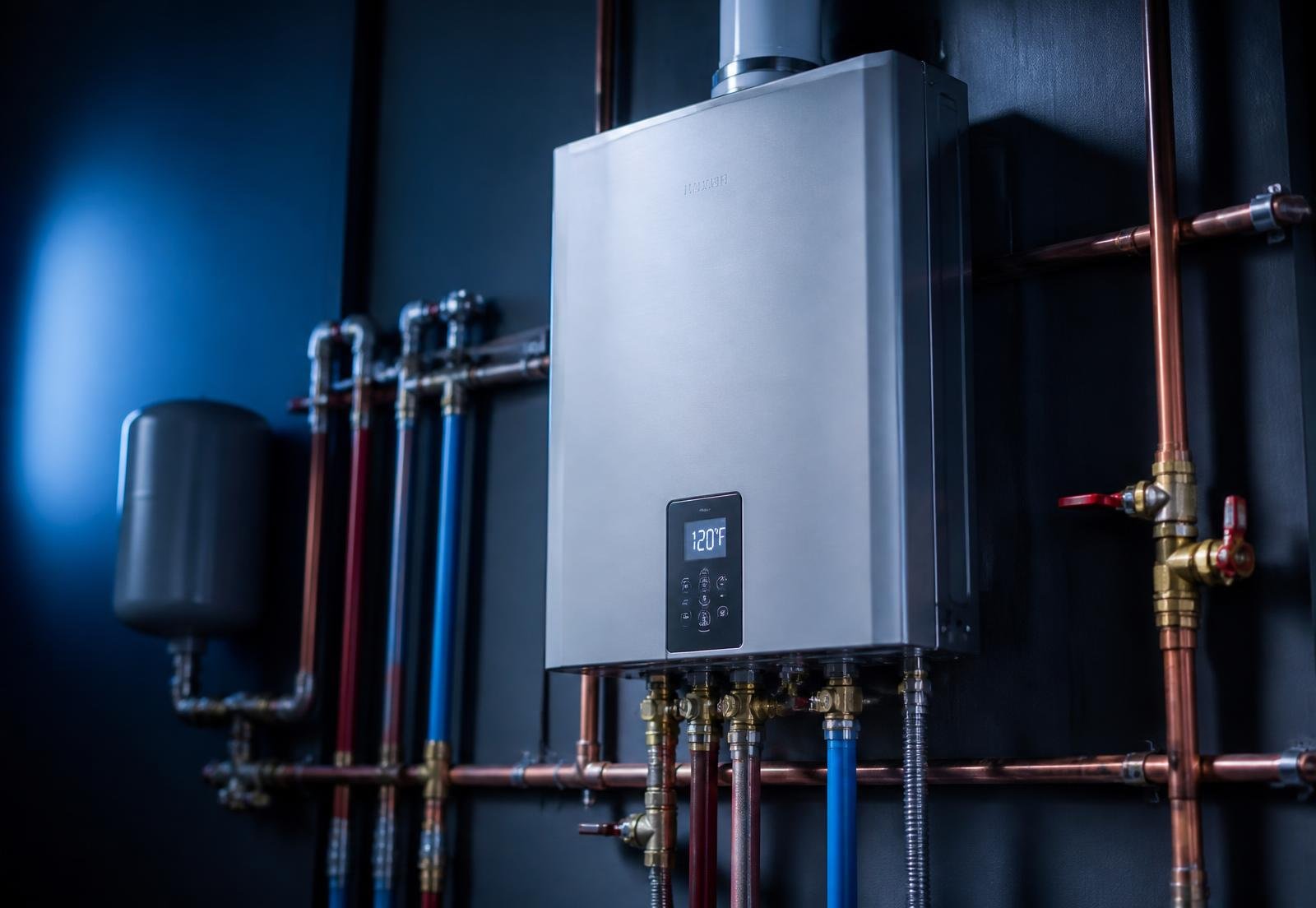 Tankless water heater with copper supply lines and shutoff valves