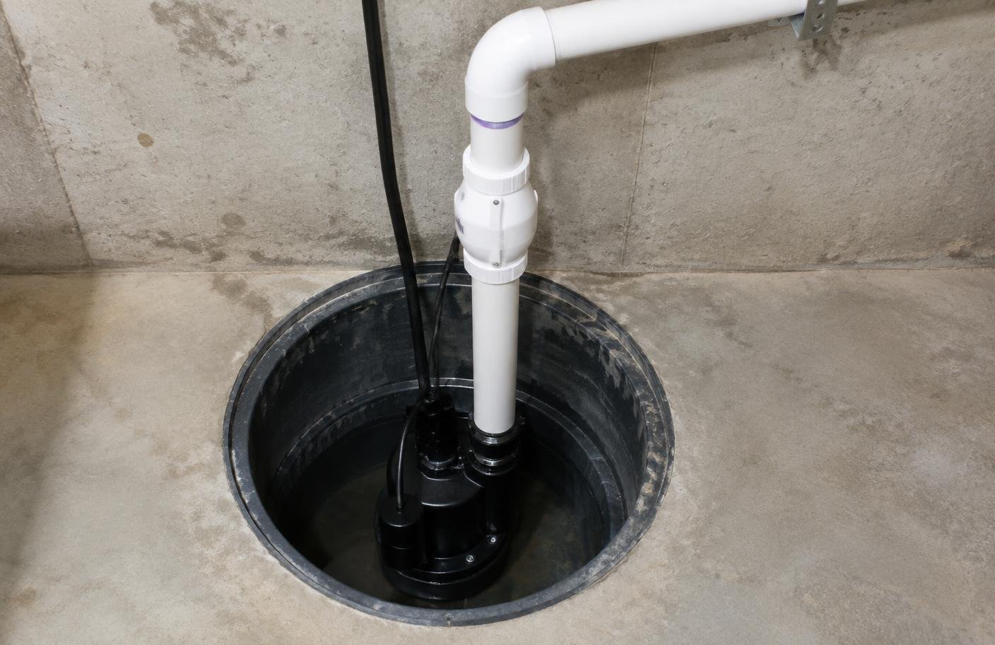 Newly installed sump pump in a basement sump pit with PVC discharge line