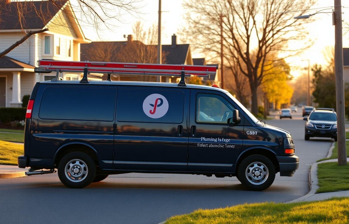 Plumbing service van parked on a residential street